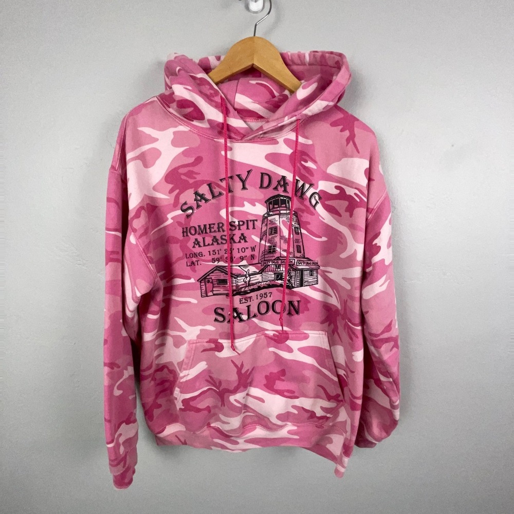 Salty Dawg Saloon Homer Spit Alaska Hoodie Women L Pink Camo Sweater Brewery AK